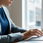 A professional person, fully clothed in a modest, modern business-casual outfit, sits at a contemporary desk. Their expression is subtly contemplative, hinting at digital fatigue. Around them, soft, abstract digital interface elements gently fade into the background, suggesting constant information flow. The desk is uncluttered, but a smartphone is visible, facedown or subtly out of focus. The background beyond the desk is a blurred, calming transition to natural light filtering through a window, suggesting a desire for balance. Professional photography, soft ambient lighting, high-resolution, safe for work, appropriate content, fully clothed, professional dress, perfect anatomy, correct proportions, natural pose, well-formed hands, proper finger count, natural body proportions.