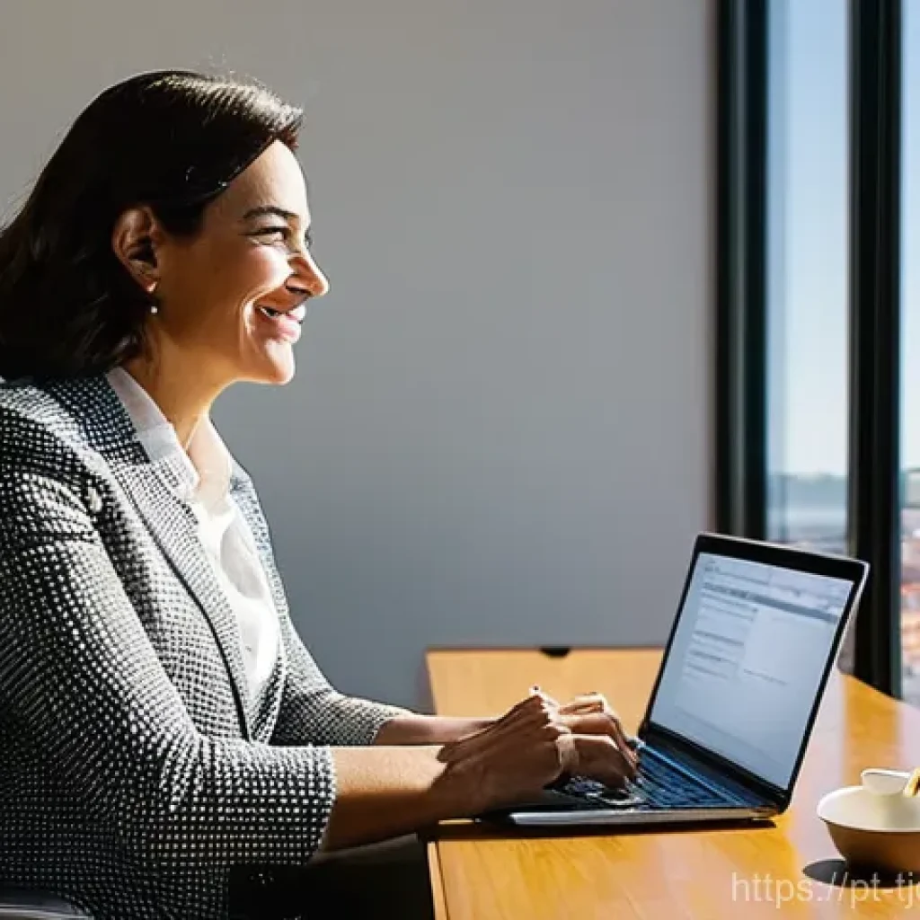 테크노스트레스 관리에 효과적인 리더십 - **Prompt:** A Portuguese business leader, a woman in her late 40s with a warm, confident smile, sits...
