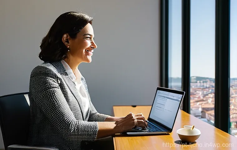 테크노스트레스 관리에 효과적인 리더십 - **Prompt:** A Portuguese business leader, a woman in her late 40s with a warm, confident smile, sits...