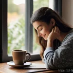 Home 13 디지털 기기 사용의 현명한 관리 방법 - A tranquil morning scene in a cozy, sunlit Portuguese home. A woman in her late 20s or early 30s, dr...