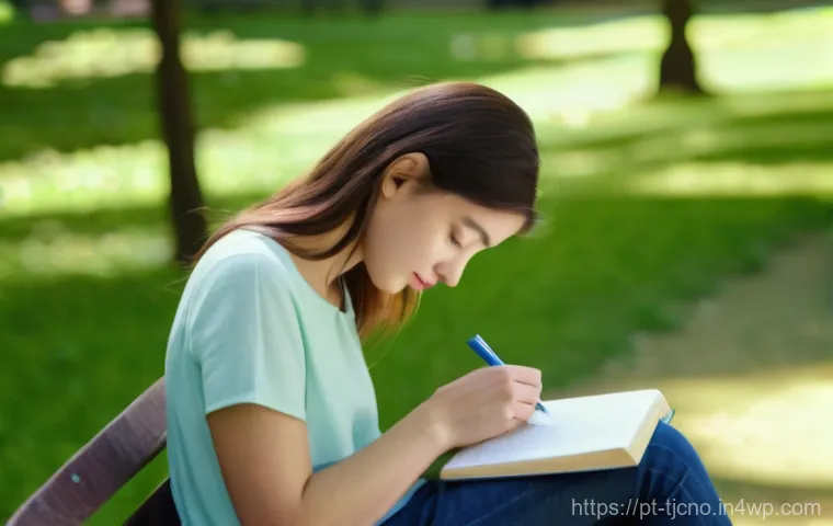 테크노스트레스와 IT 기기의 영향 - A serene portrait of a young woman (20s, modest casual attire) enjoying a quiet moment in a sun-dren...