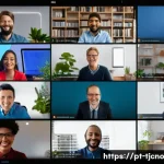 Home 10 테크노스트레스와 직장 내 인간관계 - A modern office scene showing a diverse group of professionals working at their desks surrounded by ...