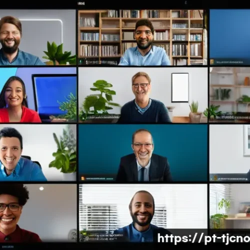 Home 22 테크노스트레스와 직장 내 인간관계 - A modern office scene showing a diverse group of professionals working at their desks surrounded by ...