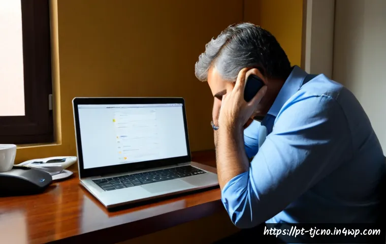 테크노스트레스 증상 자가 진단하기 - Photorealistic home office scene in São Paulo, Brazil, showing an overwhelmed middle-aged profession...