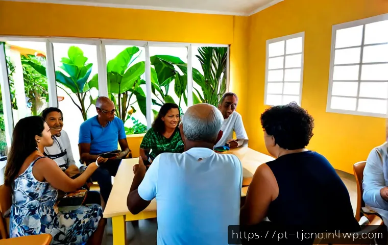 테크노스트레스 극복을 위한 커뮤니티 만들기 - Photorealistic community workshop in a welcoming Brazilian neighborhood library, diverse adults and ...