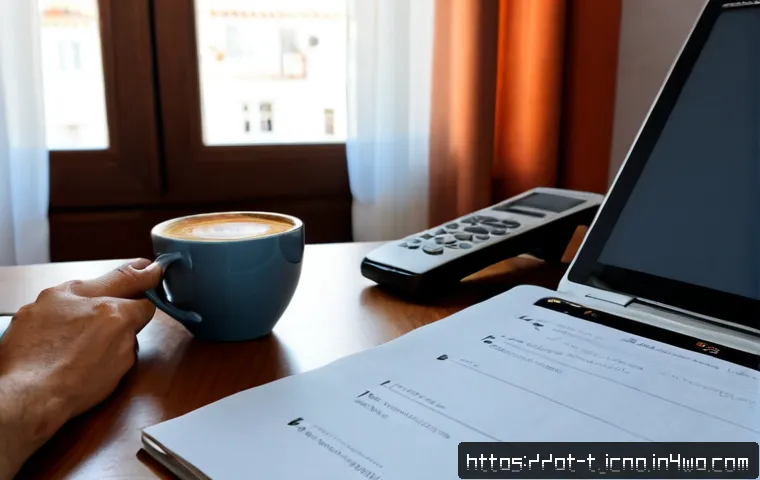 Home 15 테크노스트레스 관리 체크리스트 - Photorealistic home office scene in Portugal, a middle-aged professional calmly reviewing a simple h...